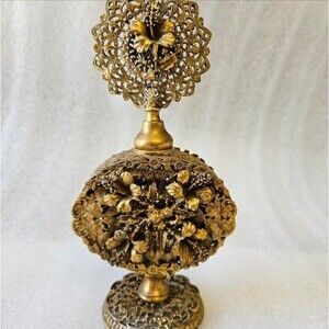Hollywood Regency Stylebuilt Ornate Perfume Bottle 24 Kt Gold Plated Vintage